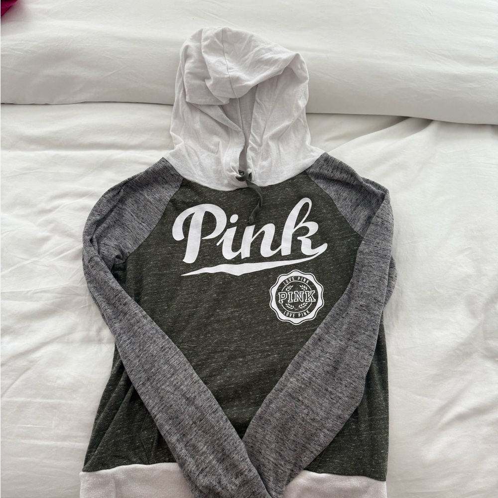PINK Victoria Secret Gray and White Hoodie